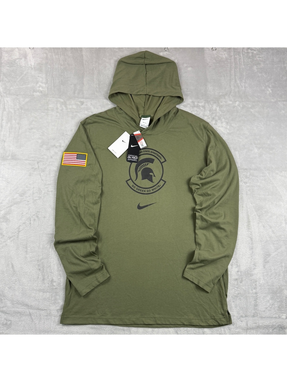 Nike Olive Michigan State Spartans Military Pack Hoodie On Field USA Flag L NWT